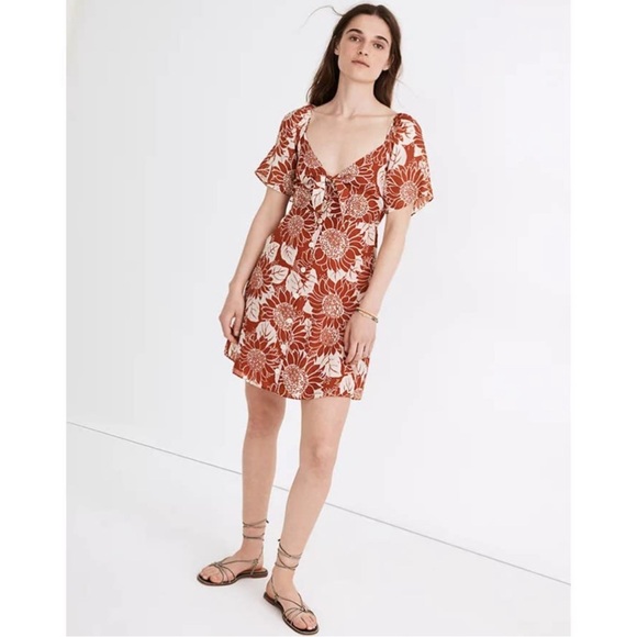 Madewell 100% Silk Tie-Front Mini Dress in Sunflower Season Size 6 Retro - Picture 1 of 16